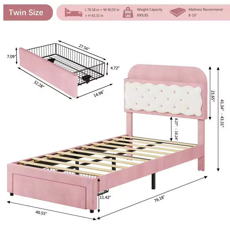 Coolmee Strutture Letto Singolo, Letto a Piattaforma Imbottito con Testiera a Bottone e Contenitore, Cassetto, Robuste Doghe in Legno, Nessuna Rete a Molle Necessaria, Facile Montaggio
