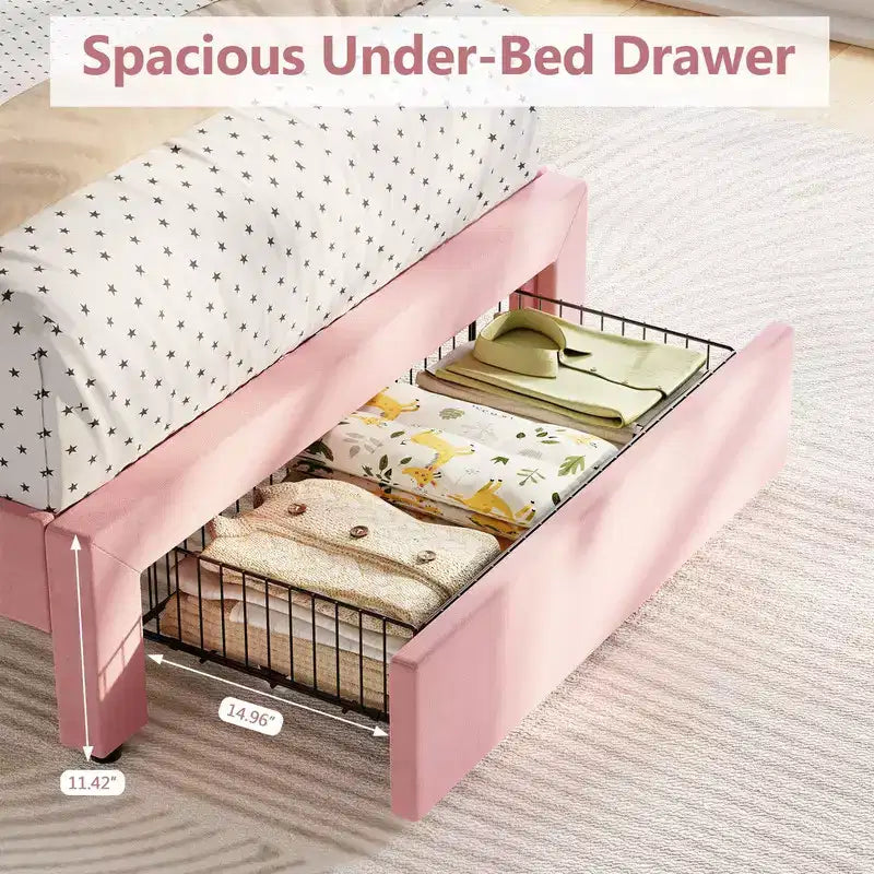 Coolmee Strutture Letto Singolo, Letto a Piattaforma Imbottito con Testiera a Bottone e Contenitore, Cassetto, Robuste Doghe in Legno, Nessuna Rete a Molle Necessaria, Facile Montaggio