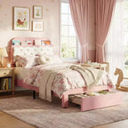 Coolmee Strutture Letto Singolo, Letto a Piattaforma Imbottito con Testiera a Bottone e Contenitore, Cassetto, Robuste Doghe in Legno, Nessuna Rete a Molle Necessaria, Facile Montaggio