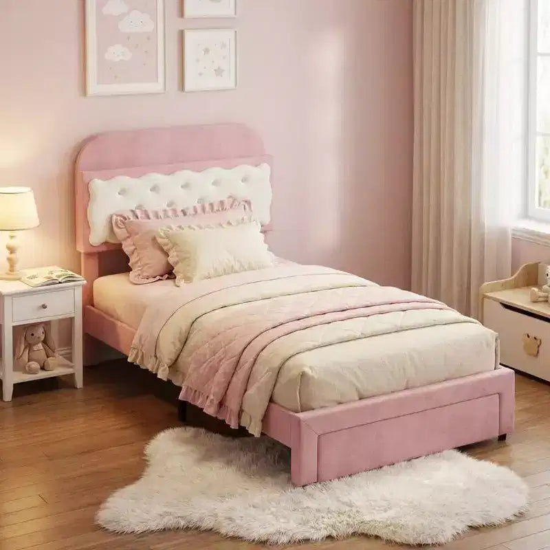 Coolmee Strutture Letto Singolo, Letto a Piattaforma Imbottito con Testiera a Bottone e Contenitore, Cassetto, Robuste Doghe in Legno, Nessuna Rete a Molle Necessaria, Facile Montaggio