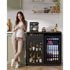 Mobile bar per caffè con spazio per frigorifero, credenza a buffet con luci a LED e prese di corrente, mobiletto per liquori con ante in vetro, nero