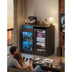 Mobile bar per caffè con spazio per frigorifero, credenza a buffet con luci a LED e prese di corrente, mobiletto per liquori con ante in vetro, nero