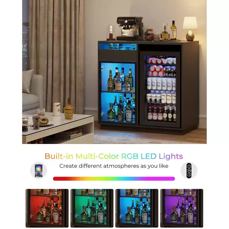 Mobile bar per caffè con spazio per frigorifero, credenza a buffet con luci a LED e prese di corrente, mobiletto per liquori con ante in vetro, nero
