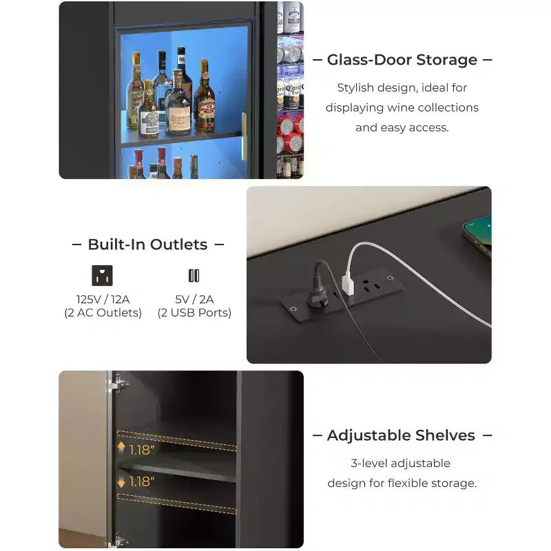 Mobile bar per caffè con spazio per frigorifero, credenza a buffet con luci a LED e prese di corrente, mobiletto per liquori con ante in vetro, nero