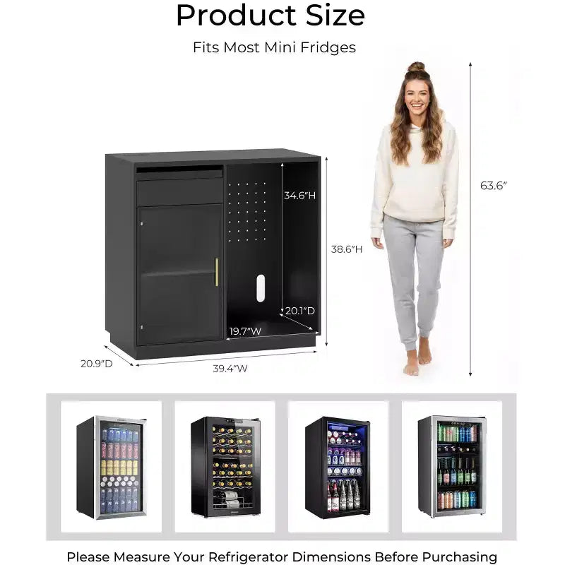Mobile bar per caffè con spazio per frigorifero, credenza a buffet con luci a LED e prese di corrente, mobiletto per liquori con ante in vetro, nero