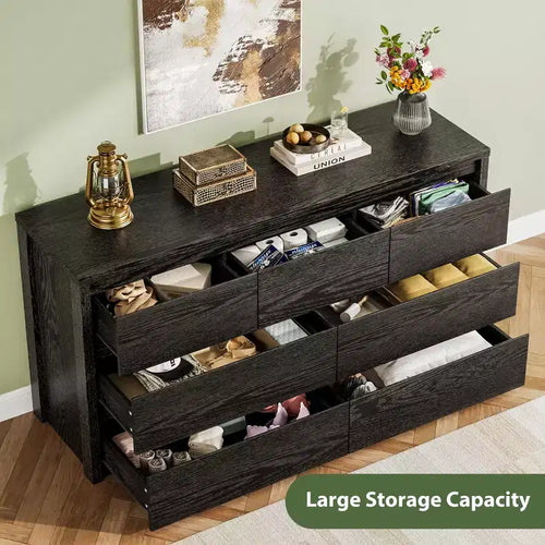 Commode large en bois moderne à 6 tiroirs - Meuble de rangement sans poignée pour chambre à coucher, couloir et salon