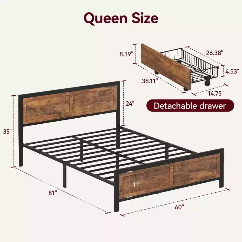 Dyonery Letto Matrimoniale con Contenitore e 4 Cassetti, Testiera e Pediera in Legno, Doghe in Acciaio Resistenti, Silenzioso, Nessuna Rete a Molle Necessaria e Facile da Montare