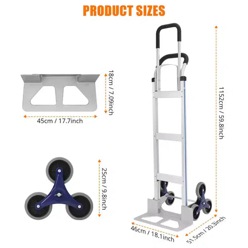Carrello manuale per salire le scale in alluminio da 650 libbre, manico telescopico doppio, ruote triangolari, carrello portatile per traslochi, ufficio e viaggi