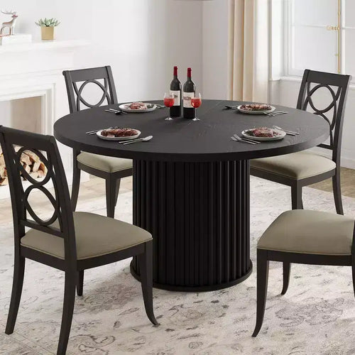 47 Industrial Round Dining Table, Black Kitchen Table for 4-6 with Waveform Metal Pedestal Base, Modern Circular Table for Dining Room