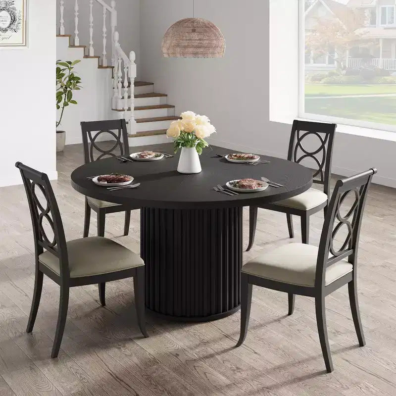 Tavolo da pranzo rotondo industriale da 47 pollici, tavolo da cucina nero per 4-6 persone con base a piedistallo in metallo a forma d'onda, tavolo circolare moderno per sala da pranzo