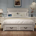 ModernLuxe Letto a Piattaforma Queen/King Size con Testiera Alta, Struttura Letto Rustica in Legno con 2 Cassetti, Luci LED e Porte USB