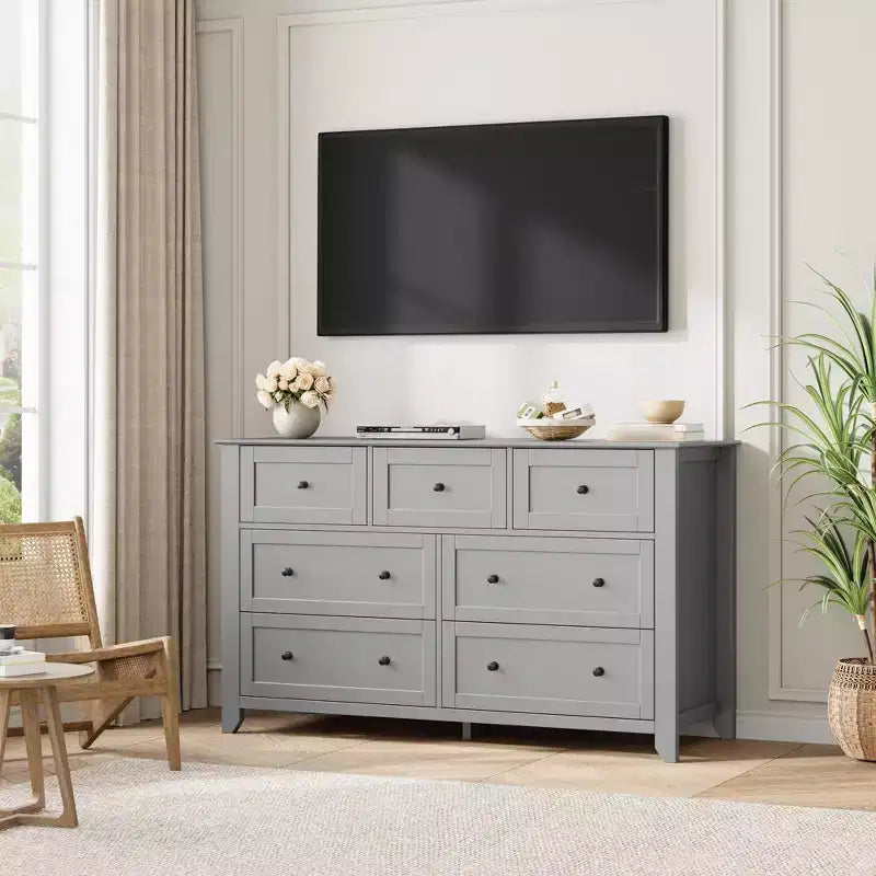Cassettiera a 7 cassetti per camera da letto, comò in legno da 54" con manopole in metallo, organizer per vestiti, mobile porta TV per ingresso, camera da letto