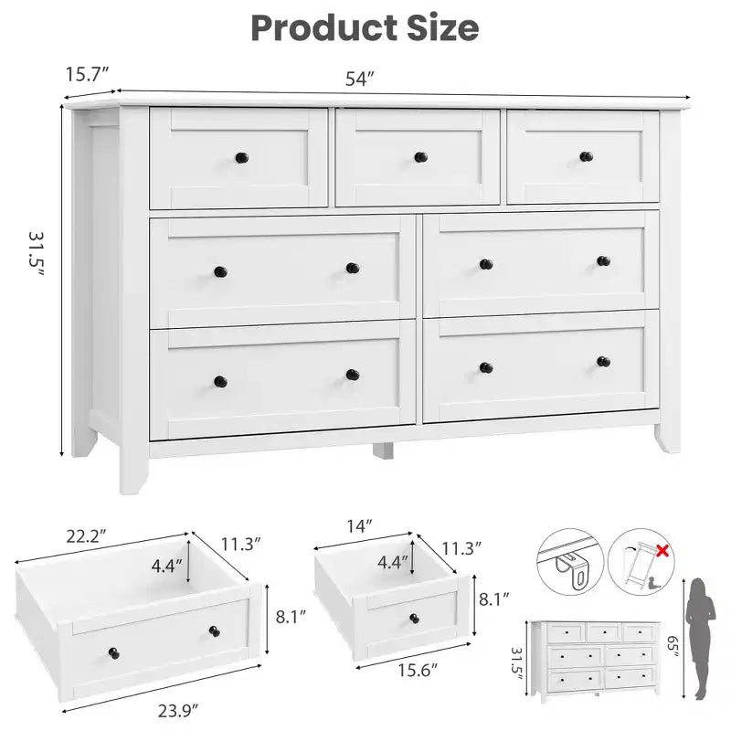 Cassettiera a 7 cassetti per camera da letto, comò in legno da 54" con manopole in metallo, organizer per vestiti, mobile porta TV per ingresso, camera da letto