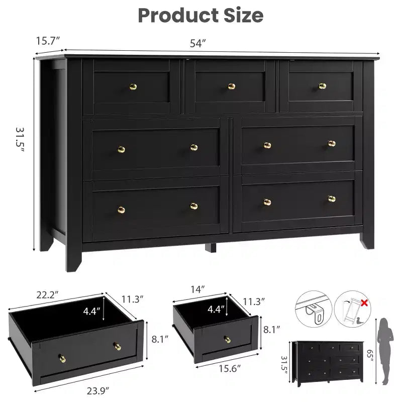 Cassettiera a 7 cassetti per camera da letto, comò in legno da 54" con manopole in metallo, organizer per vestiti, mobile porta TV per ingresso, camera da letto