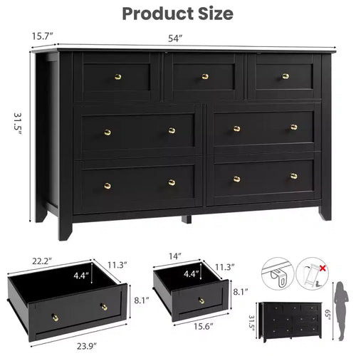 Cassettiera a 7 cassetti per camera da letto, comò in legno da 54" con manopole in metallo, organizer per vestiti, mobile porta TV per ingresso, camera da letto