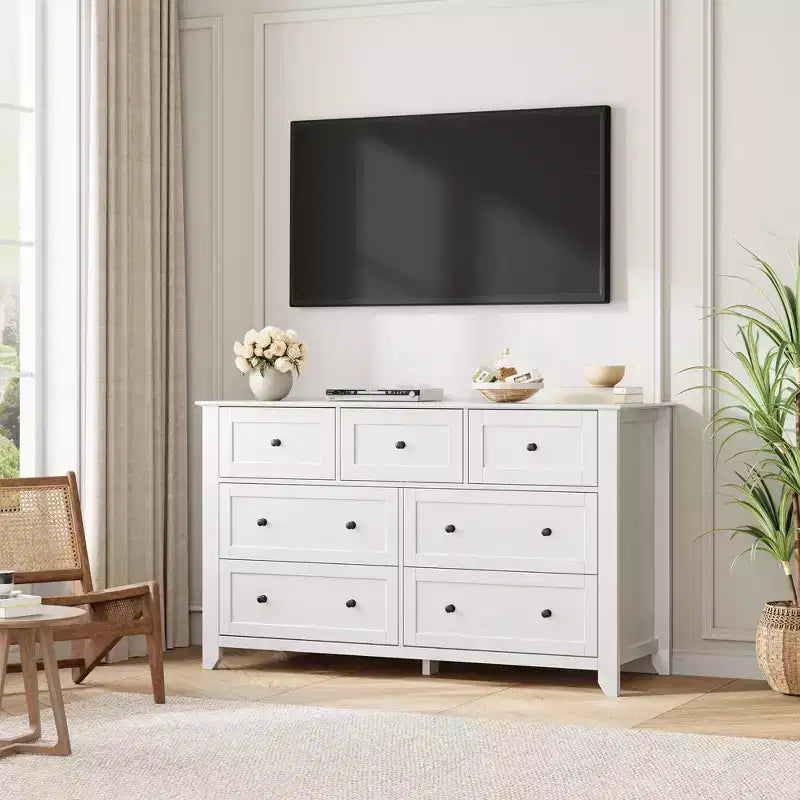 Cassettiera a 7 cassetti per camera da letto, comò in legno da 54" con manopole in metallo, organizer per vestiti, mobile porta TV per ingresso, camera da letto