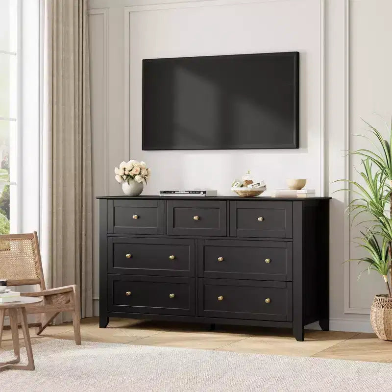 Cassettiera a 7 cassetti per camera da letto, comò in legno da 54" con manopole in metallo, organizer per vestiti, mobile porta TV per ingresso, camera da letto