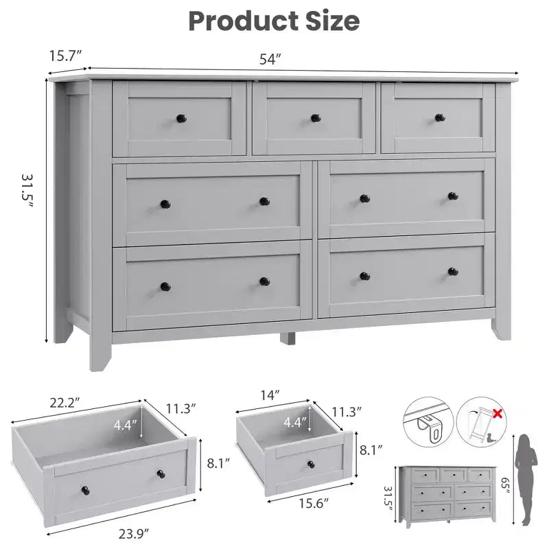 Cassettiera a 7 cassetti per camera da letto, comò in legno da 54" con manopole in metallo, organizer per vestiti, mobile porta TV per ingresso, camera da letto
