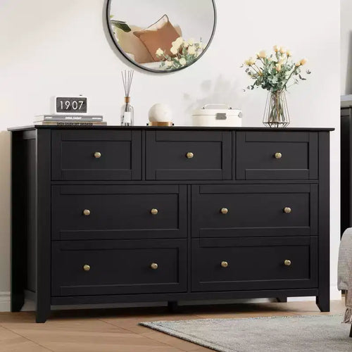 7 Drawer Dresser for Bedroom, 54W Wooden Chest of Drawers with Metal Knobs, Clothes Storage Organizer, Dresser TV Stand for Entryway, Bedroom