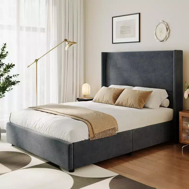 Dyonery Letto Imbottito con Testiera a Orecchie Misura Queen - Alto 141 cm, con Solide Doghe in Legno, Nessun Boxspring Necessario, Base Senza Rumore
