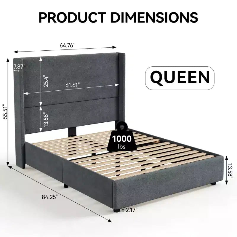 Dyonery Letto Imbottito con Testiera a Orecchie Misura Queen - Alto 141 cm, con Solide Doghe in Legno, Nessun Boxspring Necessario, Base Senza Rumore