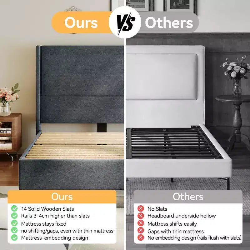 Dyonery Letto Imbottito con Testiera a Orecchie Misura Queen - Alto 141 cm, con Solide Doghe in Legno, Nessun Boxspring Necessario, Base Senza Rumore