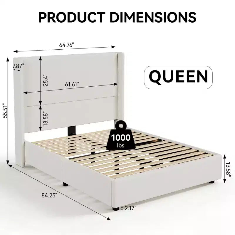 Dyonery Letto Imbottito con Testiera a Orecchie Misura Queen - Alto 141 cm, con Solide Doghe in Legno, Nessun Boxspring Necessario, Base Senza Rumore