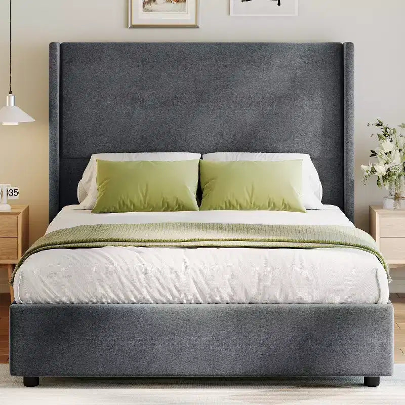 Dyonery Letto Imbottito con Testiera a Orecchie Misura Queen - Alto 141 cm, con Solide Doghe in Legno, Nessun Boxspring Necessario, Base Senza Rumore
