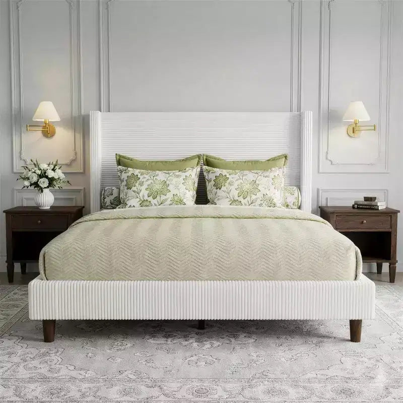 Dyonery Queen Letto a piattaforma imbottito in velluto a coste con testiera ad ali alta 56", gambe in legno massello, non necessita di rete a molle e facile da montare