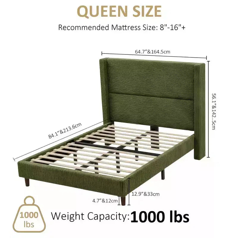Dyonery Queen Letto a piattaforma imbottito in velluto a coste con testiera ad ali alta 56", gambe in legno massello, non necessita di rete a molle e facile da montare