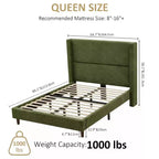 Dyonery Queen Letto a piattaforma imbottito in velluto a coste con testiera ad ali alta 56", gambe in legno massello, non necessita di rete a molle e facile da montare
