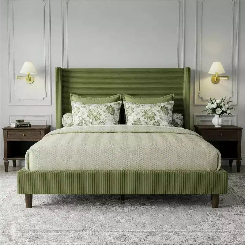 Dyonery Queen Letto a piattaforma imbottito in velluto a coste con testiera ad ali alta 56", gambe in legno massello, non necessita di rete a molle e facile da montare