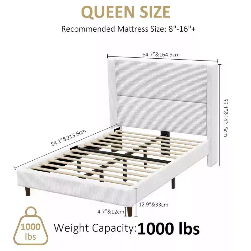 Dyonery Queen Letto a piattaforma imbottito in velluto a coste con testiera ad ali alta 56", gambe in legno massello, non necessita di rete a molle e facile da montare