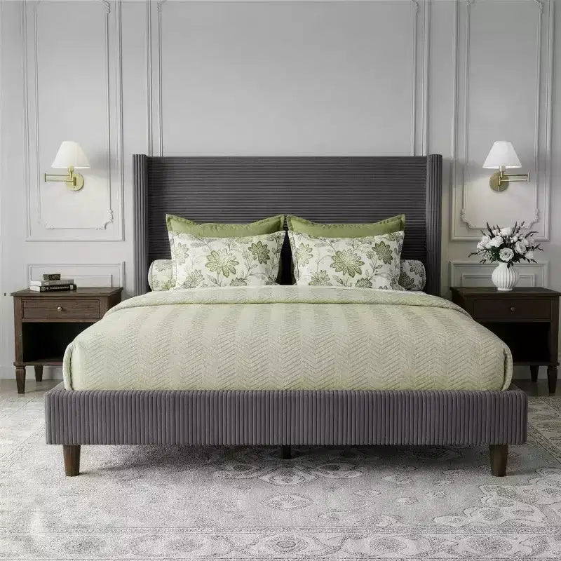 Dyonery Queen Letto a piattaforma imbottito in velluto a coste con testiera ad ali alta 56", gambe in legno massello, non necessita di rete a molle e facile da montare