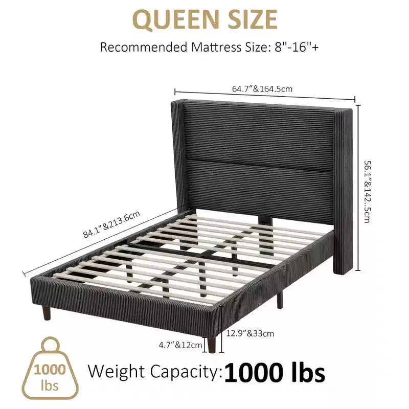Dyonery Queen Letto a piattaforma imbottito in velluto a coste con testiera ad ali alta 56", gambe in legno massello, non necessita di rete a molle e facile da montare