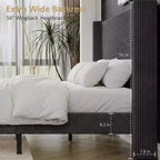 Dyonery Queen Letto a piattaforma imbottito in velluto a coste con testiera ad ali alta 56", gambe in legno massello, non necessita di rete a molle e facile da montare