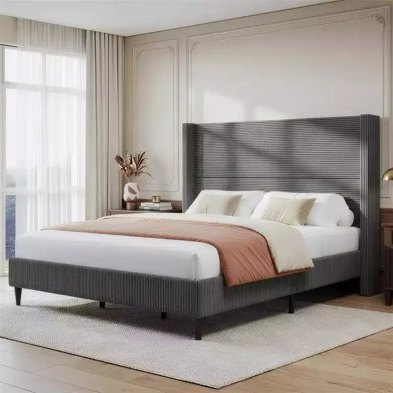 Dyonery Queen Letto a piattaforma imbottito in velluto a coste con testiera ad ali alta 56", gambe in legno massello, non necessita di rete a molle e facile da montare