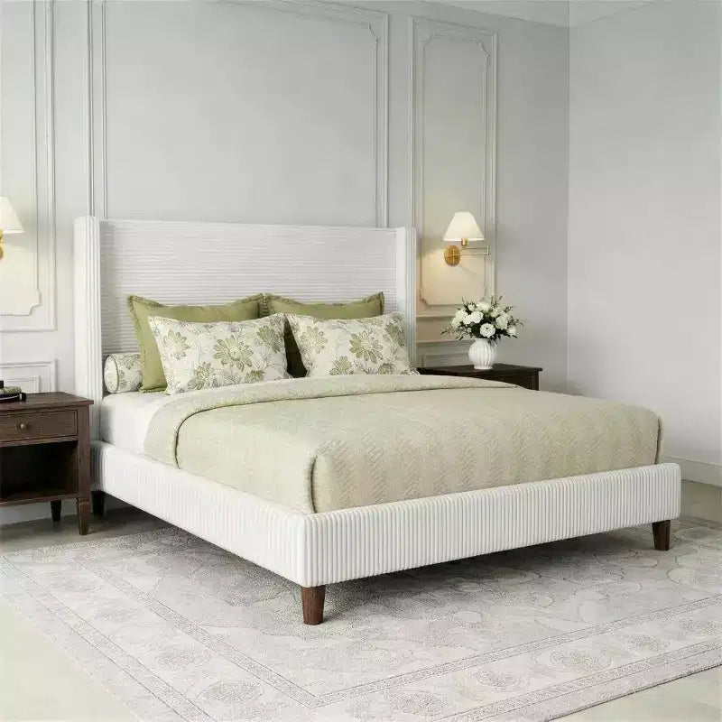 Dyonery Queen Letto a piattaforma imbottito in velluto a coste con testiera ad ali alta 56", gambe in legno massello, non necessita di rete a molle e facile da montare
