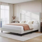 Dyonery Queen Letto a piattaforma imbottito in velluto a coste con testiera ad ali alta 56", gambe in legno massello, non necessita di rete a molle e facile da montare