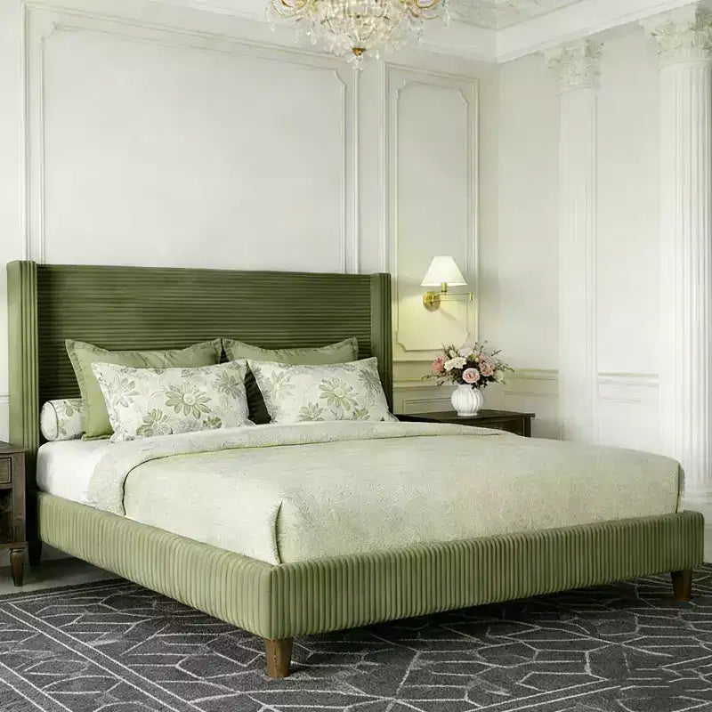 Dyonery Queen Letto a piattaforma imbottito in velluto a coste con testiera ad ali alta 56", gambe in legno massello, non necessita di rete a molle e facile da montare