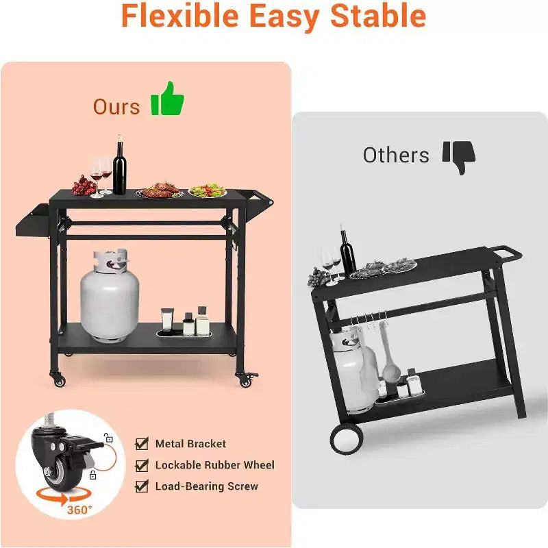 Carrello per Griglia da Esterno con Ruote, Tavolo di Preparazione in Acciaio Resistente, Ripiani, Ganci e Supporto per Bombola del Gas, per Forno Pizza e Barbecue, Ideale per Campeggio e Giardino