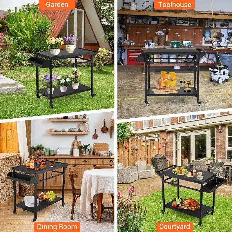 Carrello per Griglia da Esterno con Ruote, Tavolo di Preparazione in Acciaio Resistente, Ripiani, Ganci e Supporto per Bombola del Gas, per Forno Pizza e Barbecue, Ideale per Campeggio e Giardino
