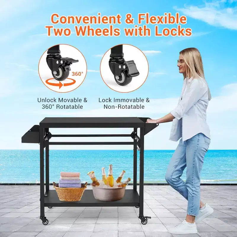Carrello per Griglia da Esterno con Ruote, Tavolo di Preparazione in Acciaio Resistente, Ripiani, Ganci e Supporto per Bombola del Gas, per Forno Pizza e Barbecue, Ideale per Campeggio e Giardino