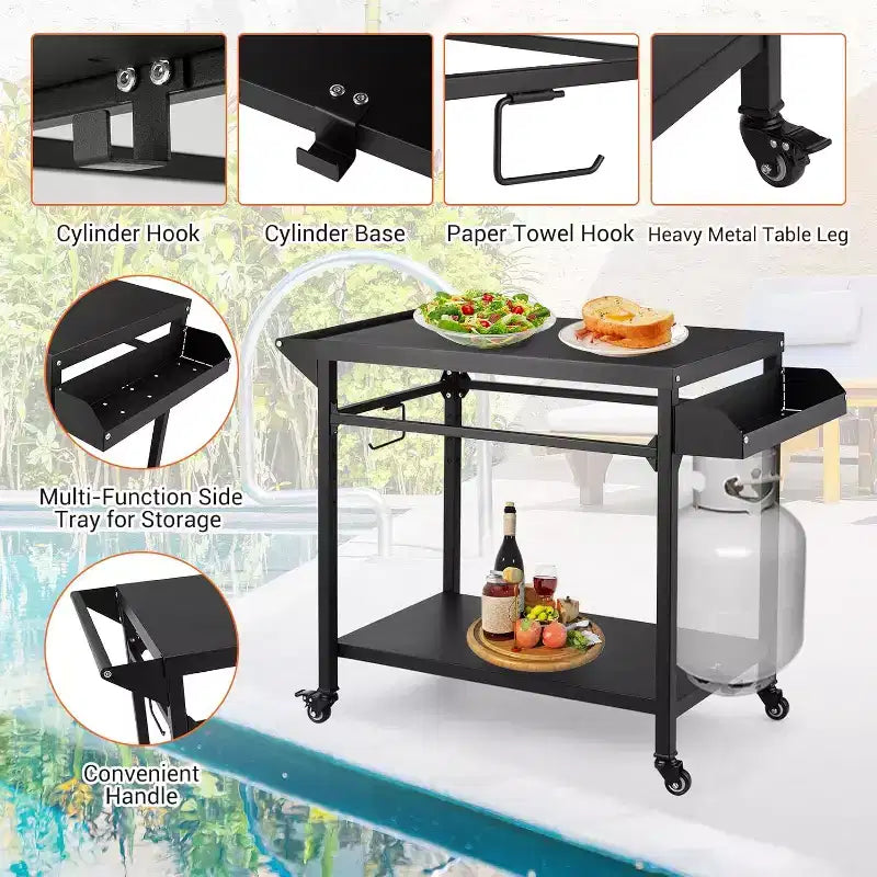 Carrello per Griglia da Esterno con Ruote, Tavolo di Preparazione in Acciaio Resistente, Ripiani, Ganci e Supporto per Bombola del Gas, per Forno Pizza e Barbecue, Ideale per Campeggio e Giardino