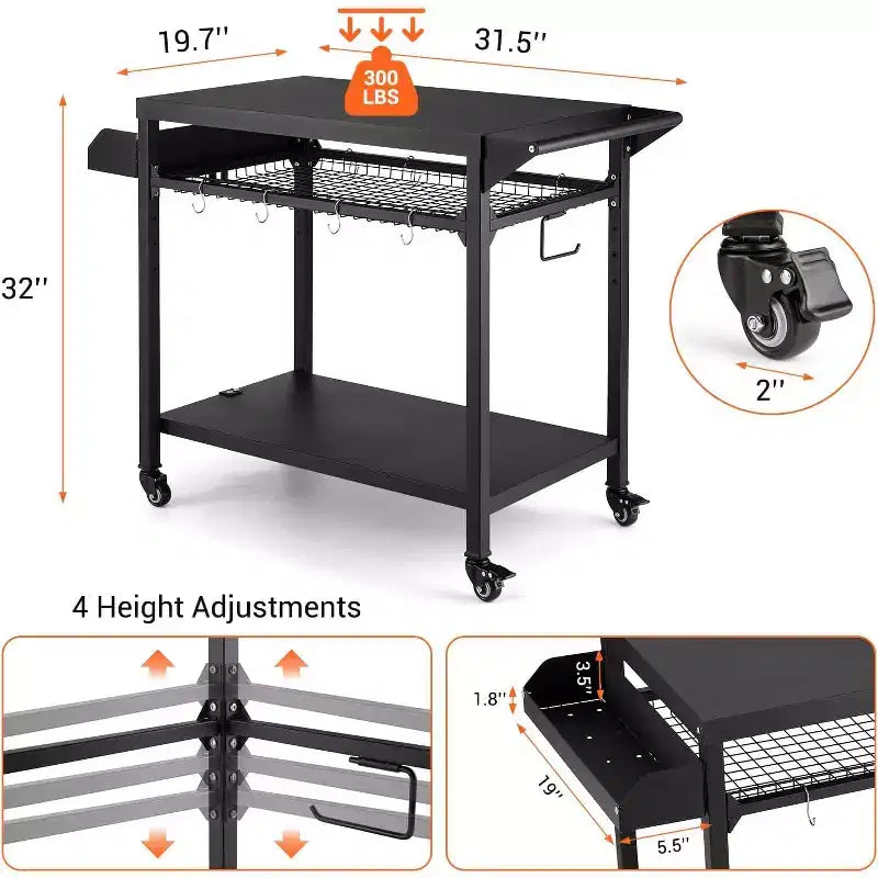 Carrello per Griglia da Esterno con Ruote, Tavolo di Preparazione in Acciaio Resistente, Ripiani, Ganci e Supporto per Bombola del Gas, per Forno Pizza e Barbecue, Ideale per Campeggio e Giardino