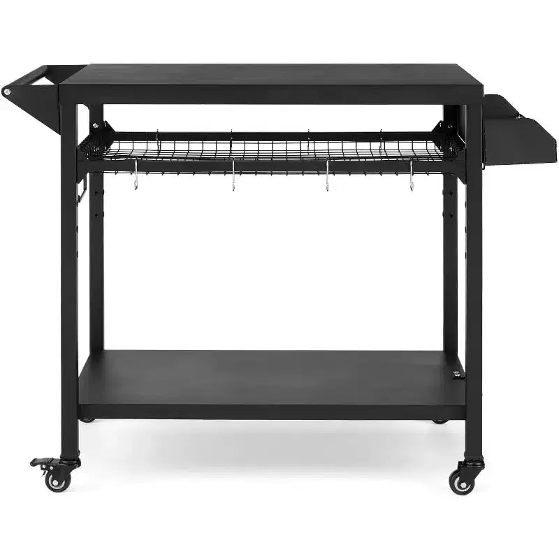 Carrello per Griglia da Esterno con Ruote, Tavolo di Preparazione in Acciaio Resistente, Ripiani, Ganci e Supporto per Bombola del Gas, per Forno Pizza e Barbecue, Ideale per Campeggio e Giardino