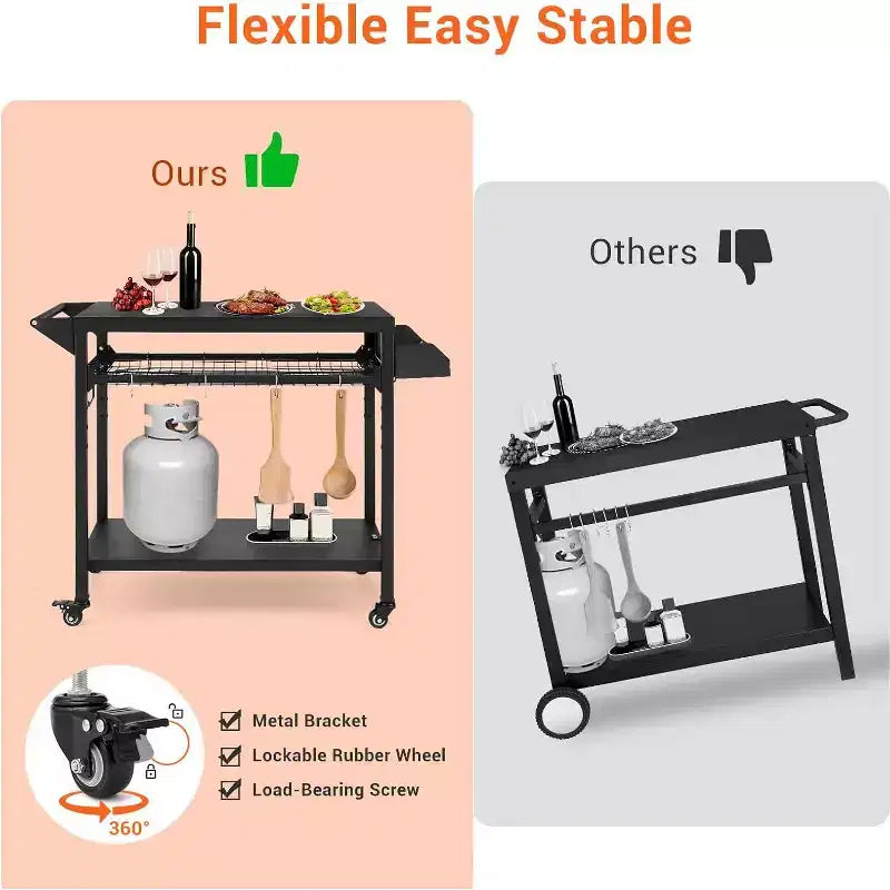 Carrello per Griglia da Esterno con Ruote, Tavolo di Preparazione in Acciaio Resistente, Ripiani, Ganci e Supporto per Bombola del Gas, per Forno Pizza e Barbecue, Ideale per Campeggio e Giardino