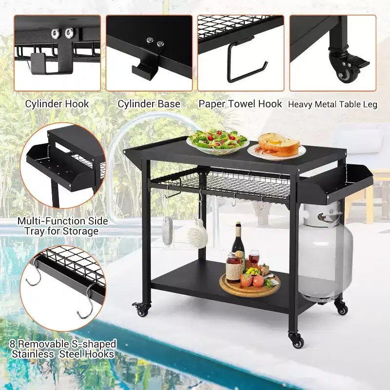 Carrello per Griglia da Esterno con Ruote, Tavolo di Preparazione in Acciaio Resistente, Ripiani, Ganci e Supporto per Bombola del Gas, per Forno Pizza e Barbecue, Ideale per Campeggio e Giardino