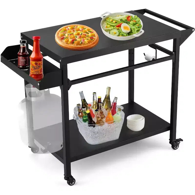 Carrello per Griglia da Esterno con Ruote, Tavolo di Preparazione in Acciaio Resistente, Ripiani, Ganci e Supporto per Bombola del Gas, per Forno Pizza e Barbecue, Ideale per Campeggio e Giardino