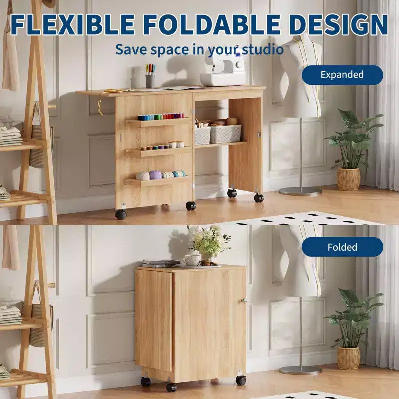 Tavolo da cucito pieghevole, postazione per lavori artigianali multiuso e scrivania laterale dal design compatto, tavolo da lavoro artigianale in legno con ruote bloccabili e vassoi portaoggetti